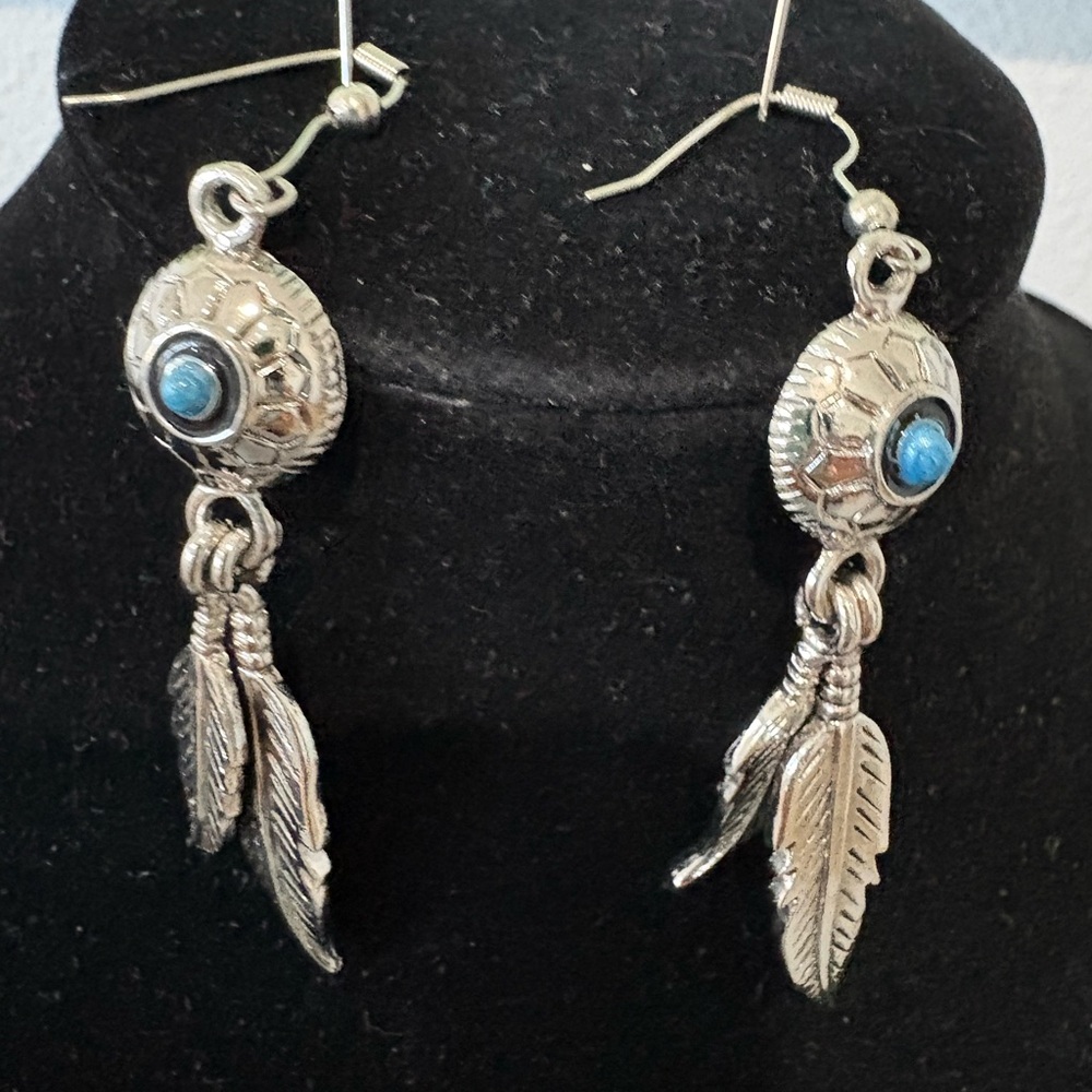 Sterling Silver and Blue Feather Dangle Earrings